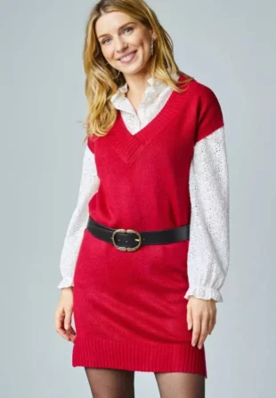 Piros színű ujjatlan kötött pulóver ruha