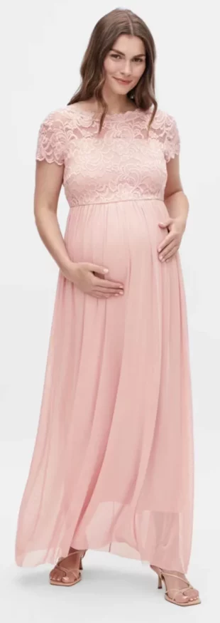 Hosszú kismama rózsaszín csipke alkalmi ruha esküvőre