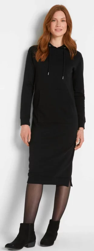 Hosszú fekete plus size molett kapucnis pulóver ruha
